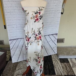 Floral Maxi Dress - White with Pink and Green Accents